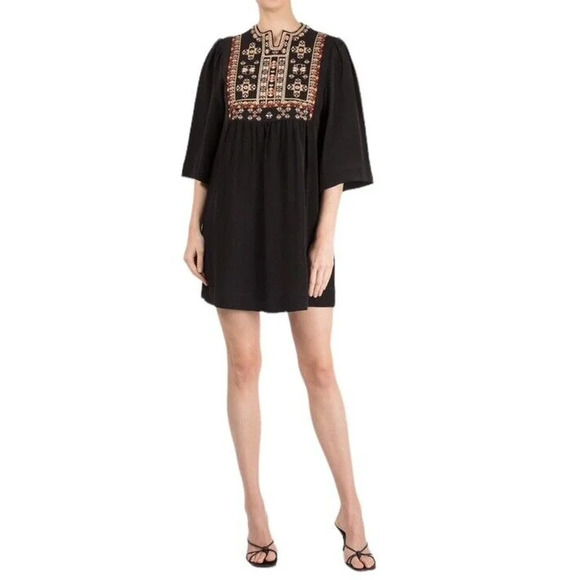 Isabel Marant Silk Mini Dress Black Embroidered Long Sleeve size EU 38 US Small - Picture 2 of 16